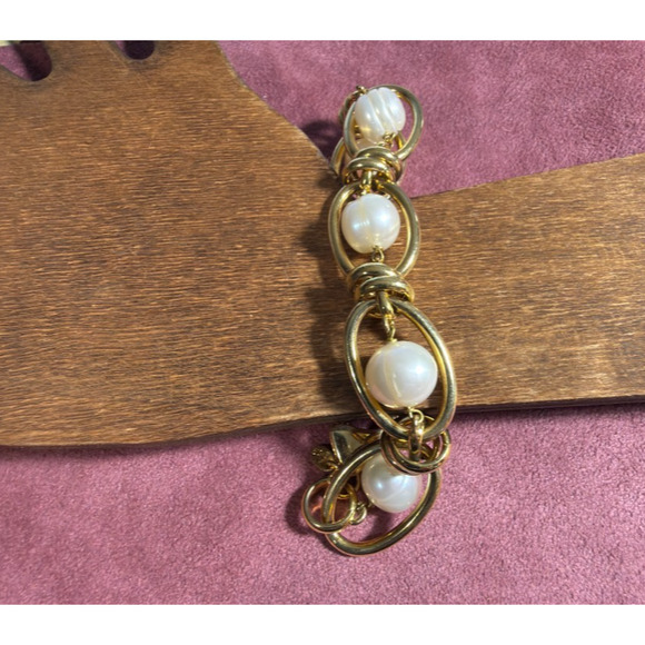 Honora Gold Plated Bronze Pearl Link Bracelet Italy 8.25
